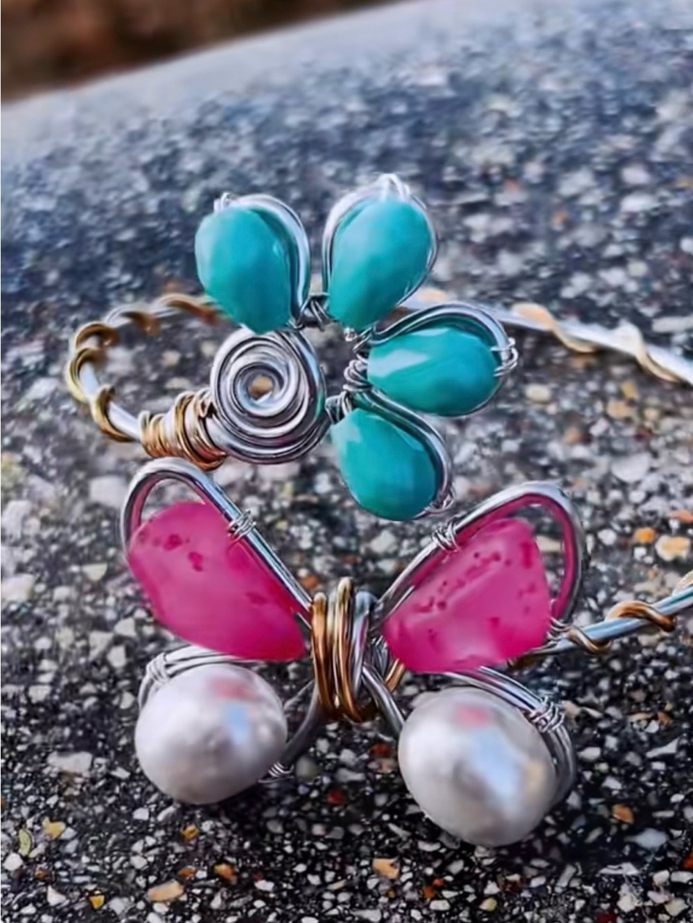 Handmade Turquoise & Pink Floral Wire-Wrapped Bracelet with Pearls